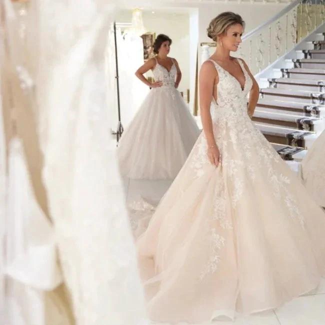 Elegant V-Neck A-line Wedding Dresses with Lace (ZD14708)