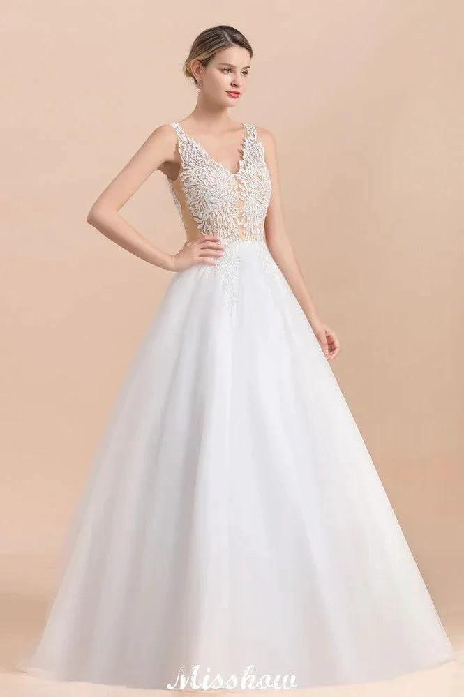 Elegant V-Neck Floral Lace A-line Wedding Dress Beach Sleeveless Tulle Church Dress (ZD13986)