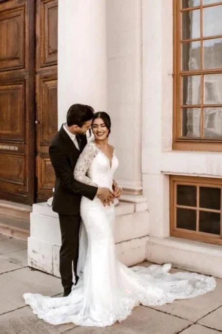Elegant V-Neck Long-Sleeve Mermaid Floor-Length Lace Wedding Dresses with Chapel Trian (ZD14678) - VelvetHem