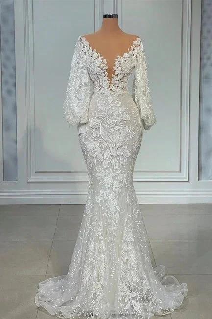 Elegant V-neck Long Sleeves Mermaid Lace Wedding Dress (ZD14936)