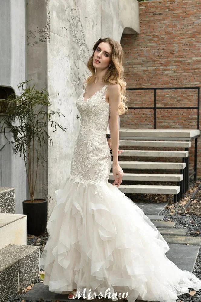 Elegant V-Neck Mermaid Bridal Gown Tulle Lace Appliques Puffy Wedding Dress (ZD13968)