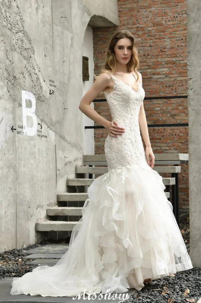 Elegant V-Neck Mermaid Bridal Gown Tulle Lace Appliques Puffy Wedding Dress (ZD13968)