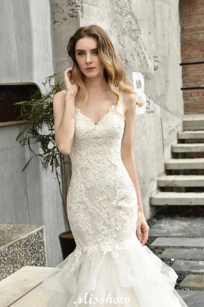 Elegant V-Neck Mermaid Bridal Gown Tulle Lace Appliques Puffy Wedding Dress (ZD13968)