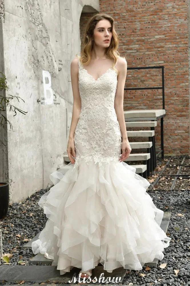Elegant V-Neck Mermaid Bridal Gown Tulle Lace Appliques Puffy Wedding Dress (ZD13968)