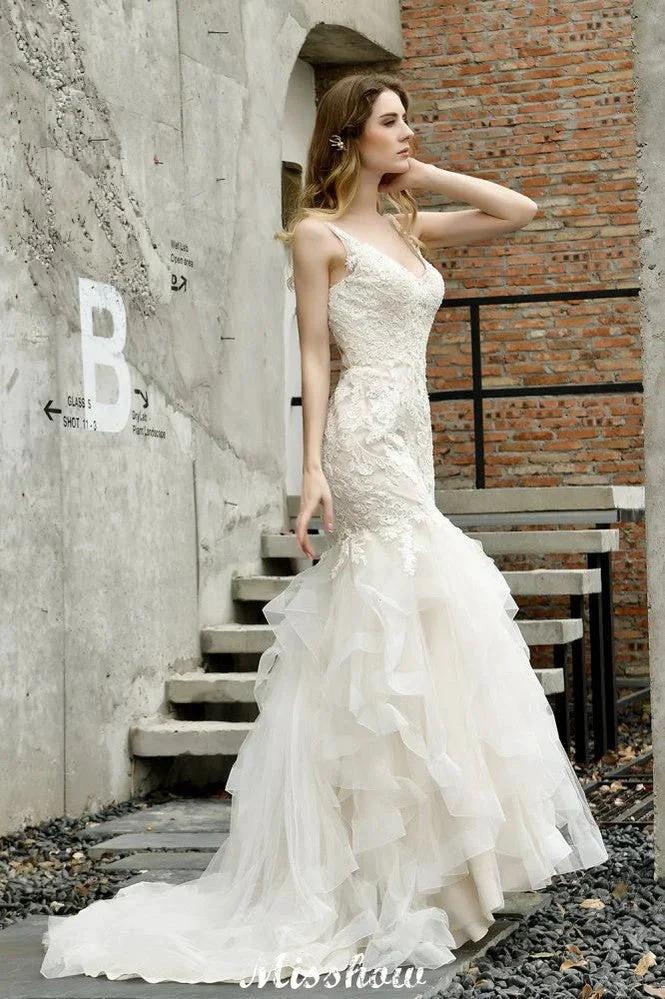 Elegant V-Neck Mermaid Bridal Gown Tulle Lace Appliques Puffy Wedding Dress (ZD13968)