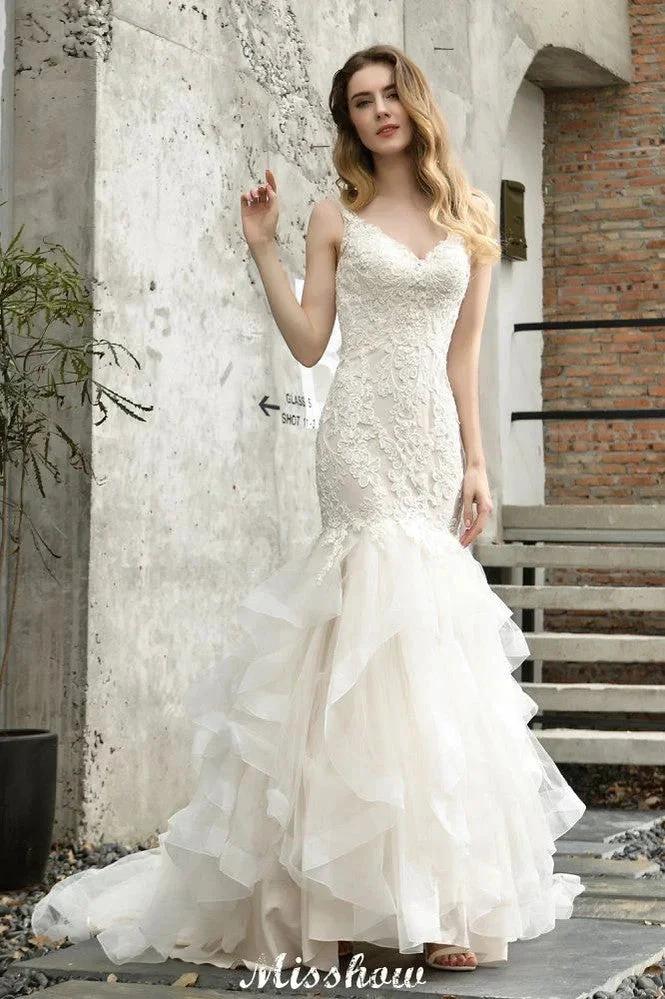 Elegant V-Neck Mermaid Bridal Gown Tulle Lace Appliques Puffy Wedding Dress by misshow.com