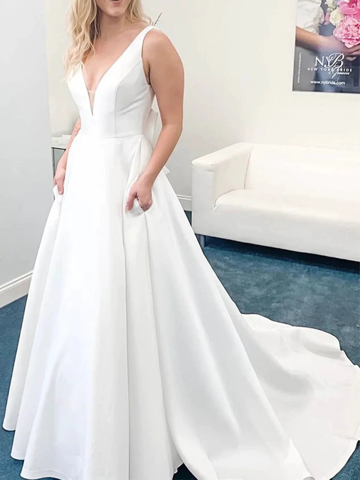 Elegant White A-line V Neck Open Back Satin Long Wedding Dresses with Pockets (ZD15776) - VelvetHem