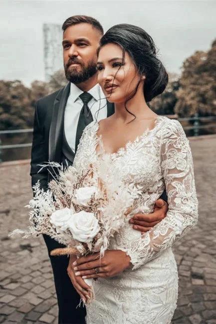 Elegant White Floral Lace Mermaid Spring Wedding Dress Long Sleeves V-Neck Slim Bridal Dresses (ZD16472)