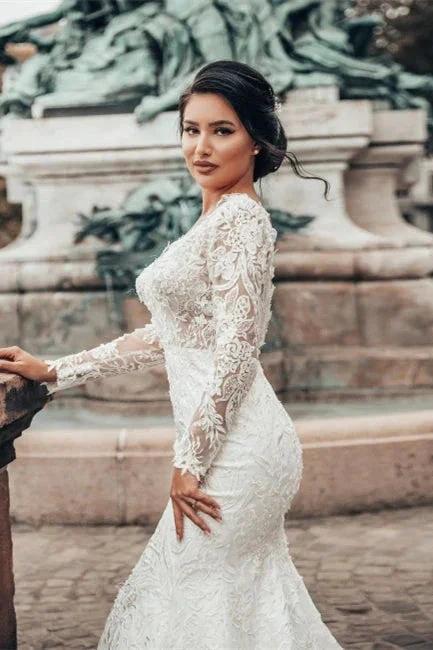 Elegant White Floral Lace Mermaid Spring Wedding Dress Long Sleeves V-Neck Slim Bridal Dresses (ZD16472)