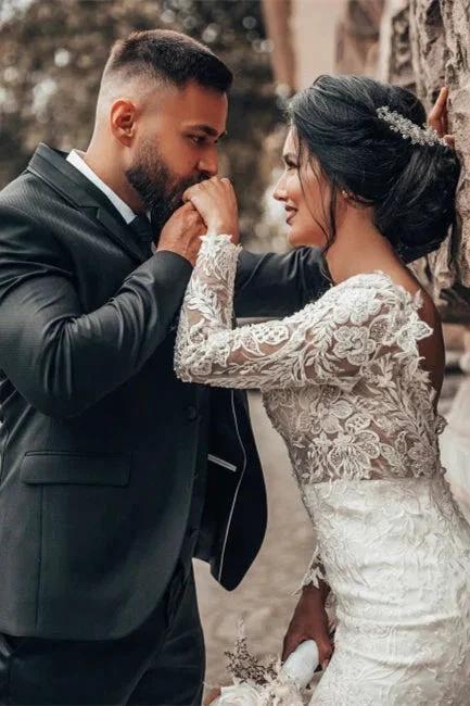 Elegant White Floral Lace Mermaid Spring Wedding Dress Long Sleeves V-Neck Slim Bridal Dresses (ZD16472)