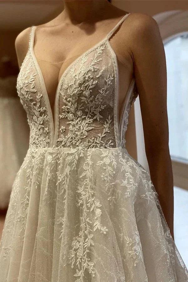 Elegant White Long A-line V-neck Tulle Backless Lace Wedding Dresses (ZD16710)