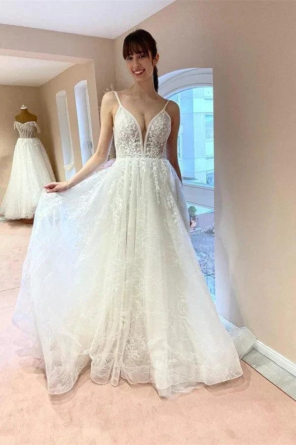 Elegant White Long A-line V-neck Tulle Backless Lace Wedding Dresses (ZD16710)