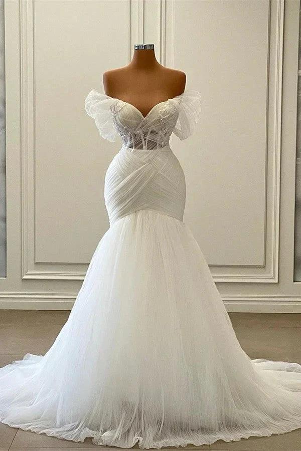 Elegant White Long Mermaid Off the Shoulder Tulle Lace Wedding Dresses (ZD16709) - VelvetHem