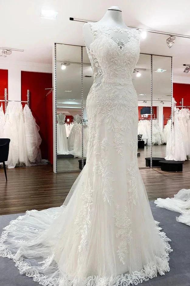 Elegant White Long Mermaid Tulle Lace Open Back Wedding Dresses (ZD15160)