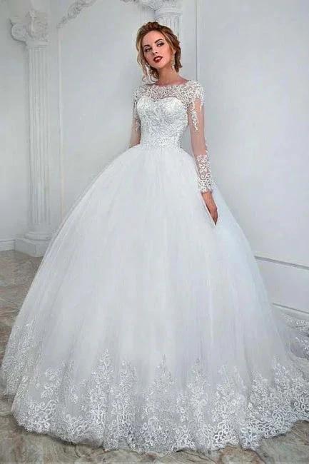 Elegant White Long Sleeves Tulle Bridal Dress Lace Appliques Aline Wedding Gown (ZD14763) - VelvetHem