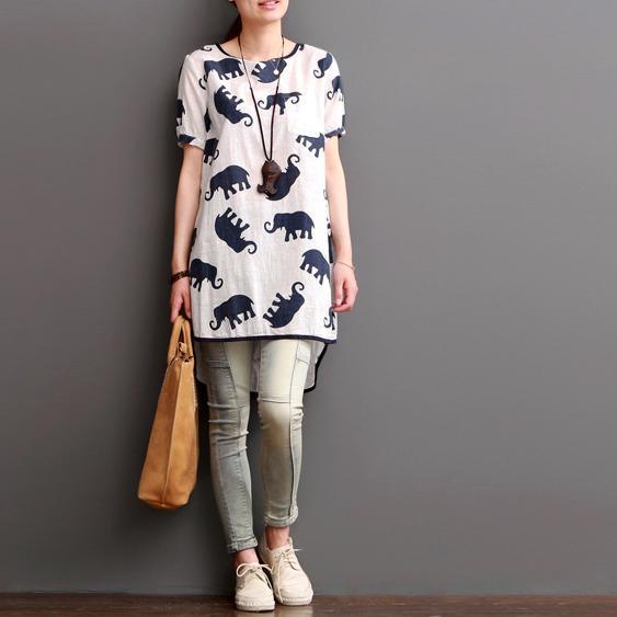 elephant print summer linen dresses loose blouse women shirt