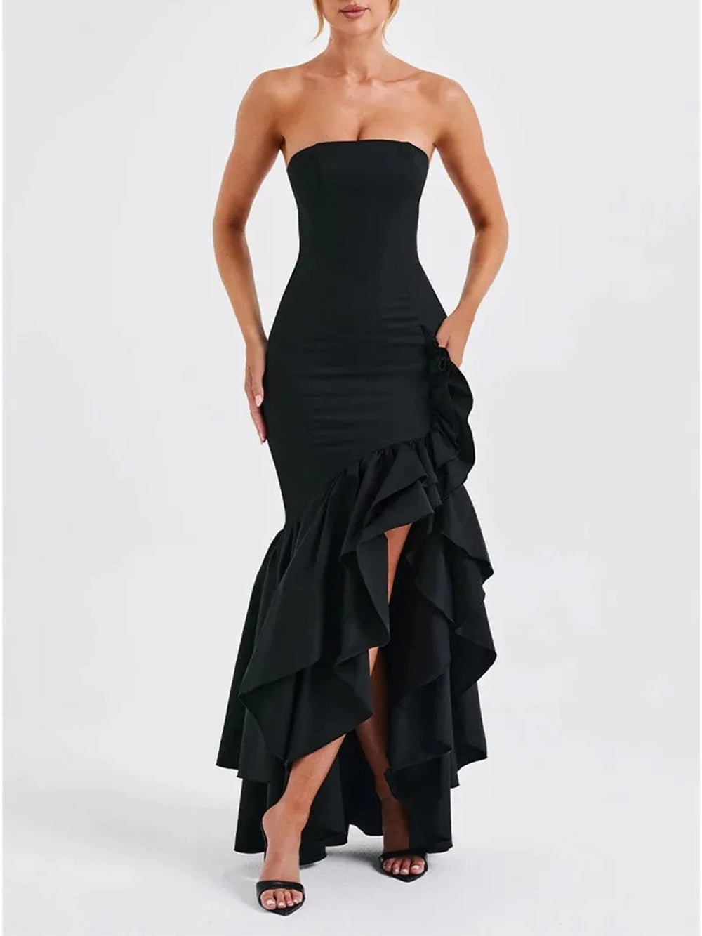 Eliza Strapless Split Ruffle Maxi Dress
