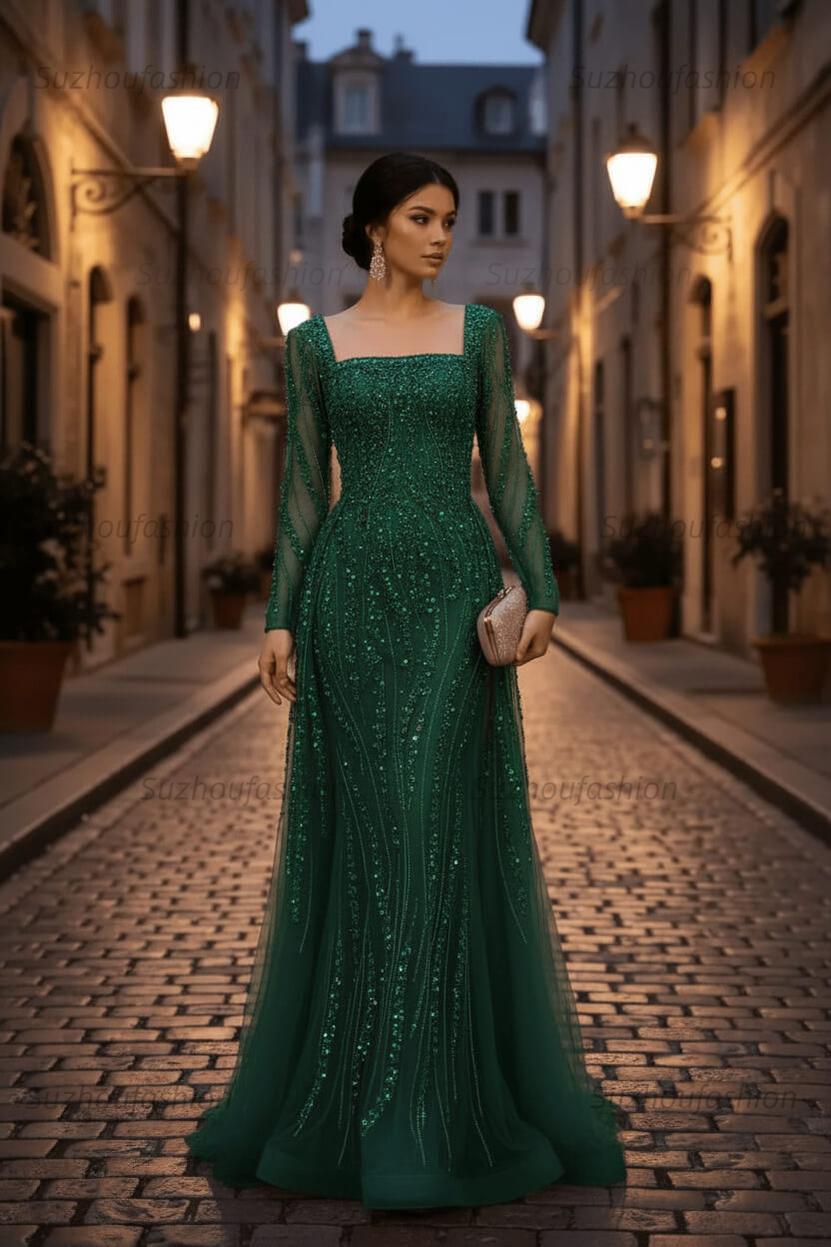 Square Neck Long Sleeves Long Mermaid Evening Formal Dress With Beading Tulle