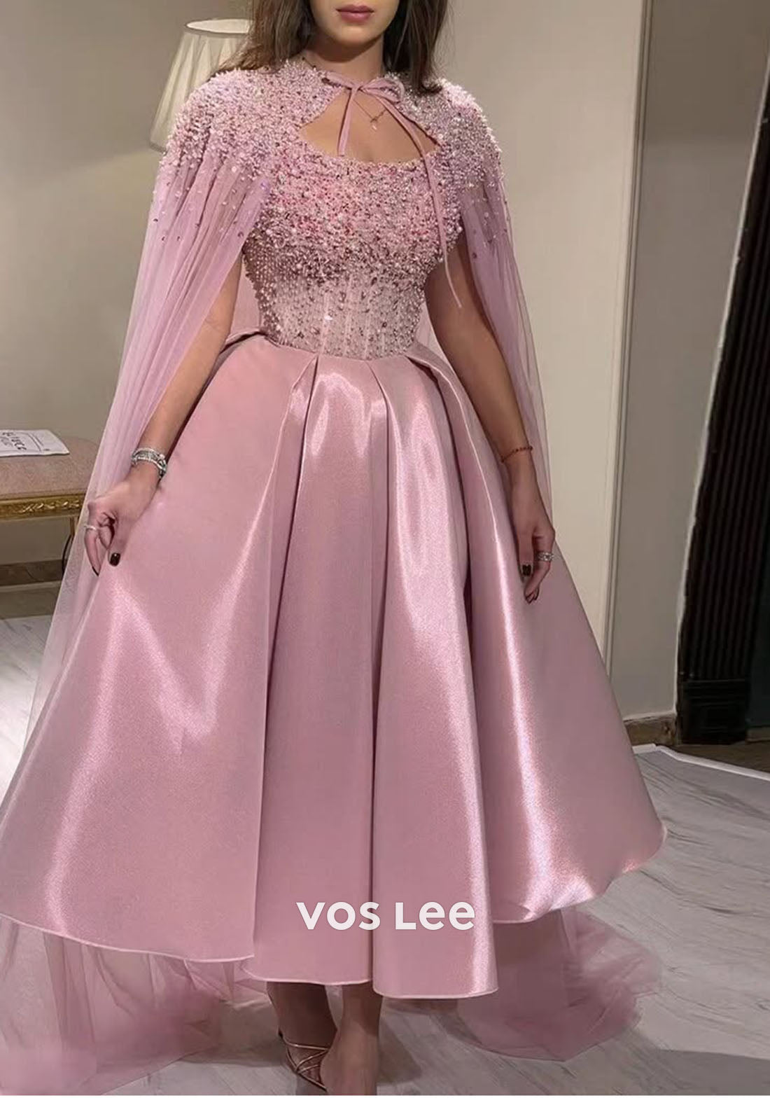 Bead Pearls Cryatls Ball Gown Keen- Length Prom Dress With Cape