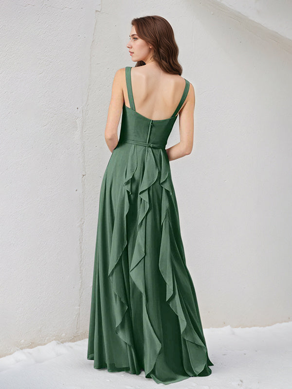 Eucalyptus A Line Chiffon A Line V Neck Sleeveless Floor Length Bridesmaid Dress