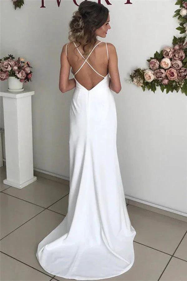 Excellent Long Mermaid Satin White Backless Wedding Dress with Slit (ZD14465)