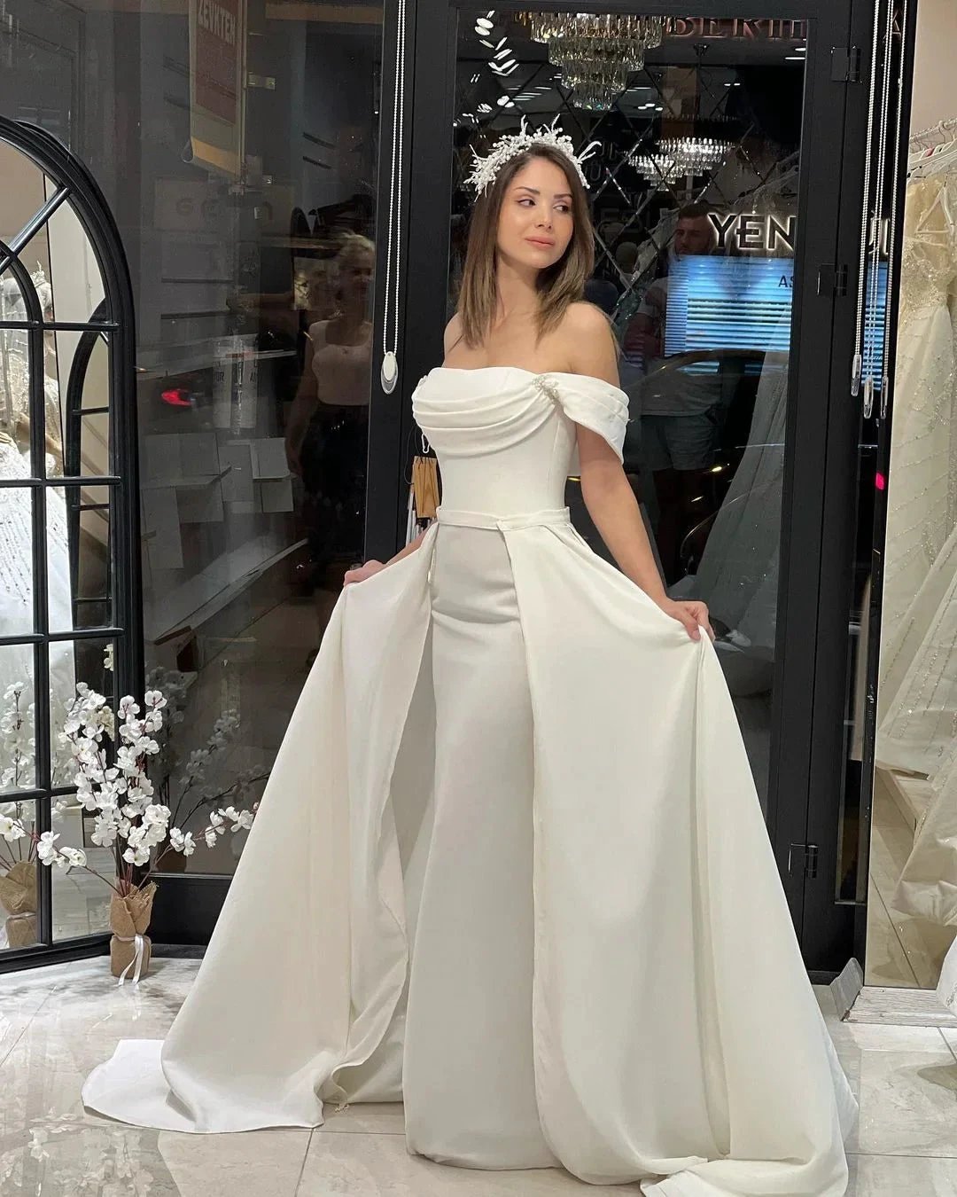 Exquisite Floor Length Off-The-Shoulder A-Line Satin Wedding Dress with Beads (ZD14795)