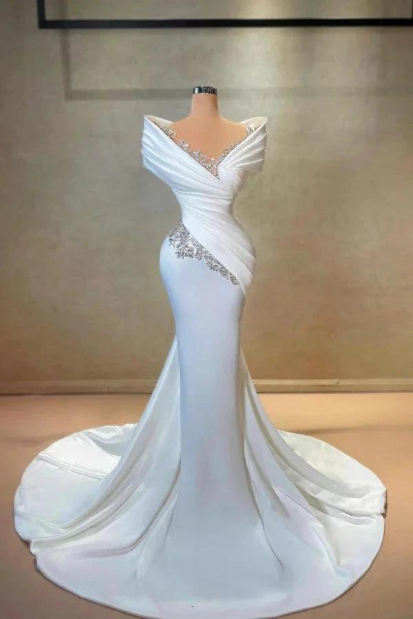 Exquisite Long White Mermaid Off-the-shoulder Lace Satin Wedding Dress with Rhinestones (ZD16680) - VelvetHem