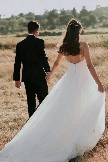 Exquisite Spaghetti Strap Sleeveless A-Line Floor-Length Lace Wedding Dresses (ZD14677)