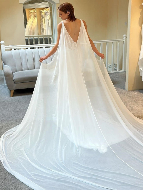 Deep V Satin Mermaid Sleeveless Wedding Dress With Flowy Chiffon Cape Train