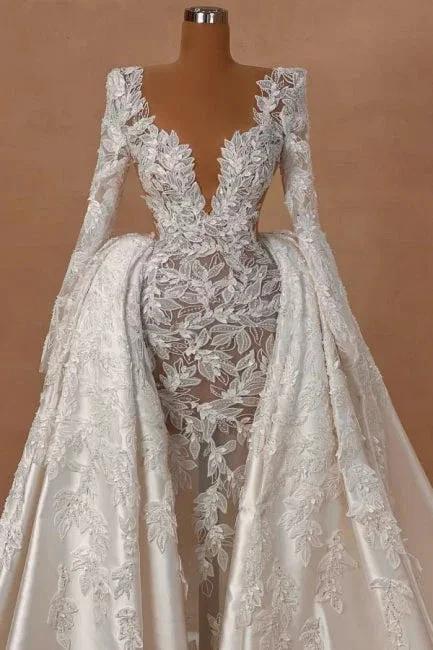 Extravagant Long A-line V-neck Lace Satin Long Sleeves Wedding Dress with Detachable Train (ZD16659)