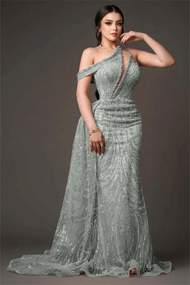 Champagne Gold Prom Dress One Shoulder Sleeveless Evening Formal Dress With Bead Embroidery