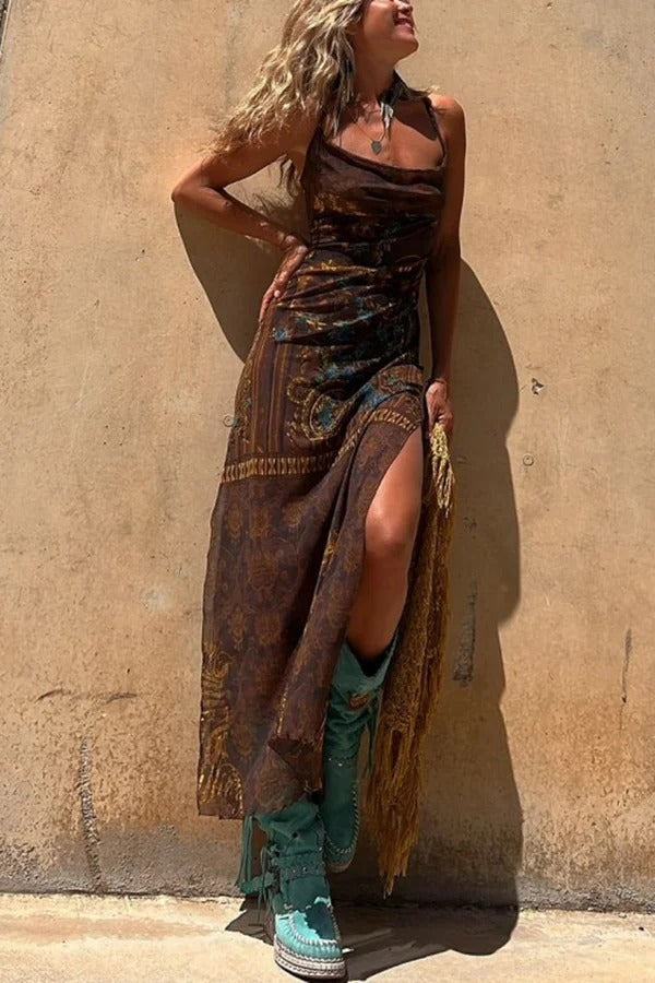 Griselda Exclusive Midi Dress with a Unique Gypsy Style Print, Cowl Neckline At the Back, Lace Up Fastening and Slit Evening Wear Edit