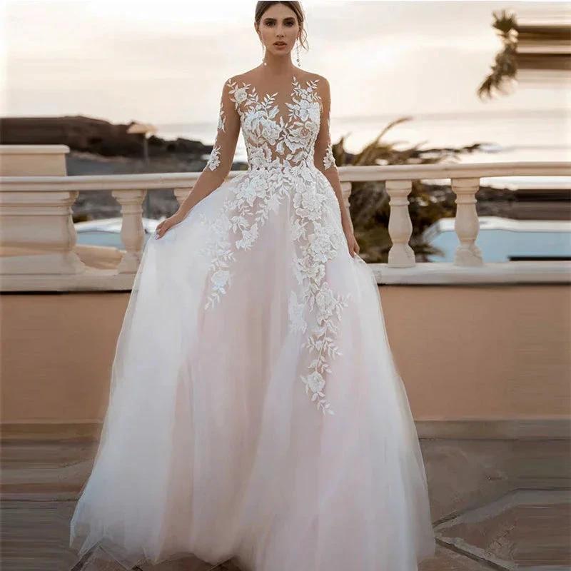 Sheer Sleeves Illusion Lace Wedding Dresses Applique Beach Bridal Gown Sexy Robe De Mariee Bride Dress For Women Bohemian 2022 (ZD13510)