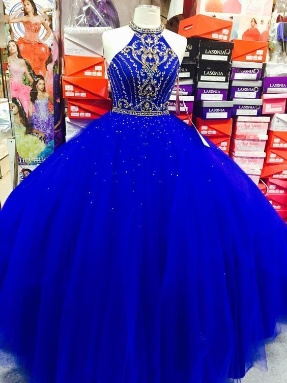 Royal Blue Halter Beaded Ball Gown Quinceanera Dresses ,Sweet 15 Quinceanera Dress - View 2 | VelvetHem
