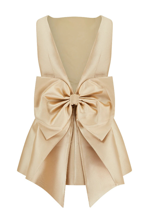 Daisy Premium Satin Mini Dress with Oversized Bow Detail and Square Neckline Wardrobe Essential