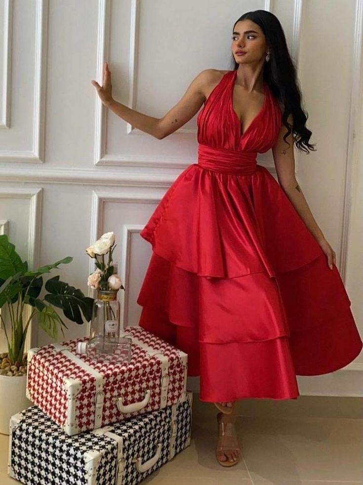 Sexy Halter V Neck Satin Layered Evening Dress A Line Party Dress - VelvetHem