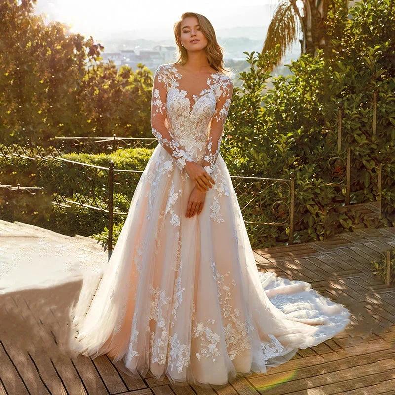 Elegant Lace A-line Wedding Dress Full Sleeves Court Train O-neck Buttons Vestido De Novia Bridal Gown Custom Made (ZD13552) - VelvetHem