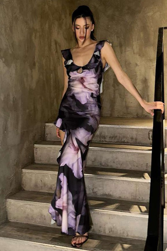 Backless U Neck Ruffle Slit Floral Dress
