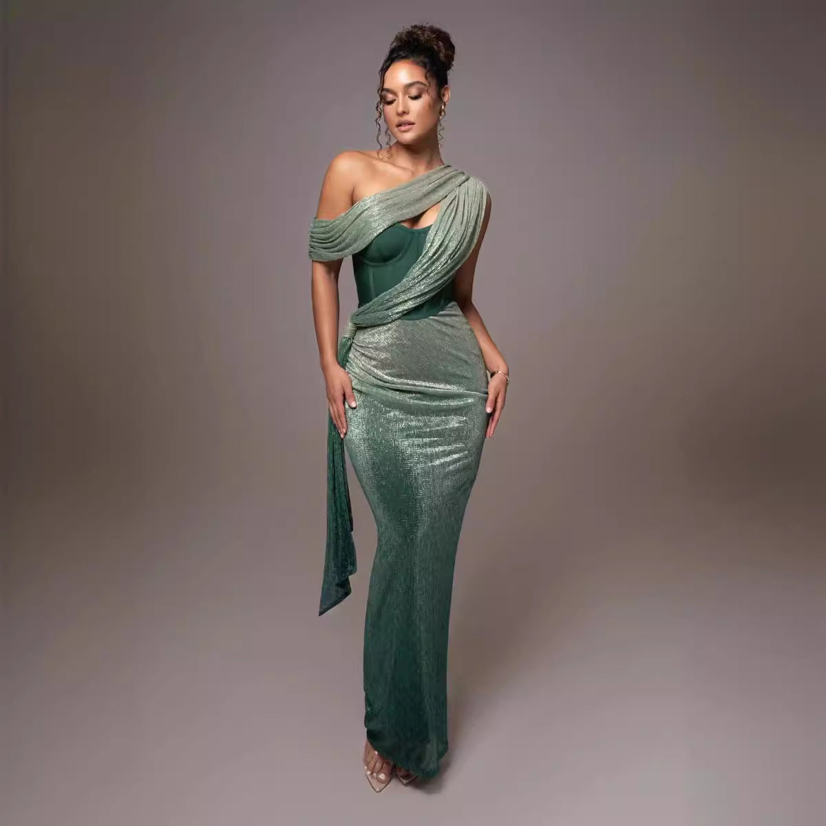 Solid Color Sleeveless Strapless Slit Prom Dress