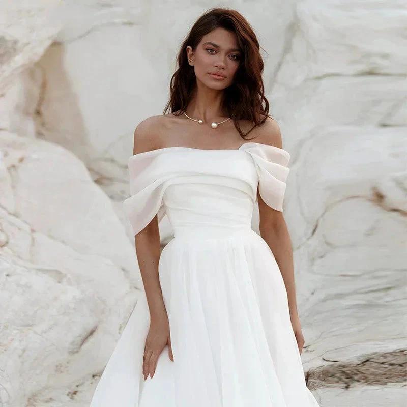 Simple A-Line Bohemian Bridal Dresses Women's Sexy Off Shoulder White Pleated Tulle Beach Formal Prom Party Fashion 2023 Wedding (ZD14139)