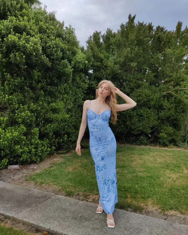 Unique Mermaid Blue Print Prom Dress Long Party Evening Dress - View 3 | VelvetHem
