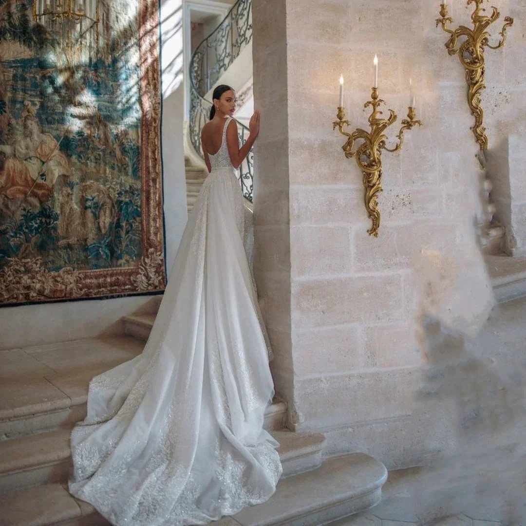 Exquisite Wedding Dress For Woman Square-Neck A-Line Lace Appliques Sequins Bride Gowns Tulle Sweep Train Vestido Custom (ZD13569)