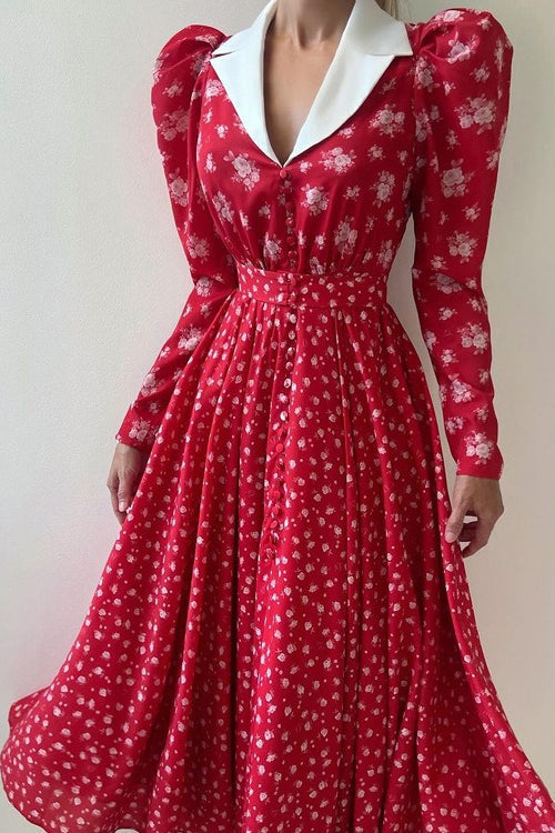 Contrast Collar Long Sleeve A Line Floral Dress