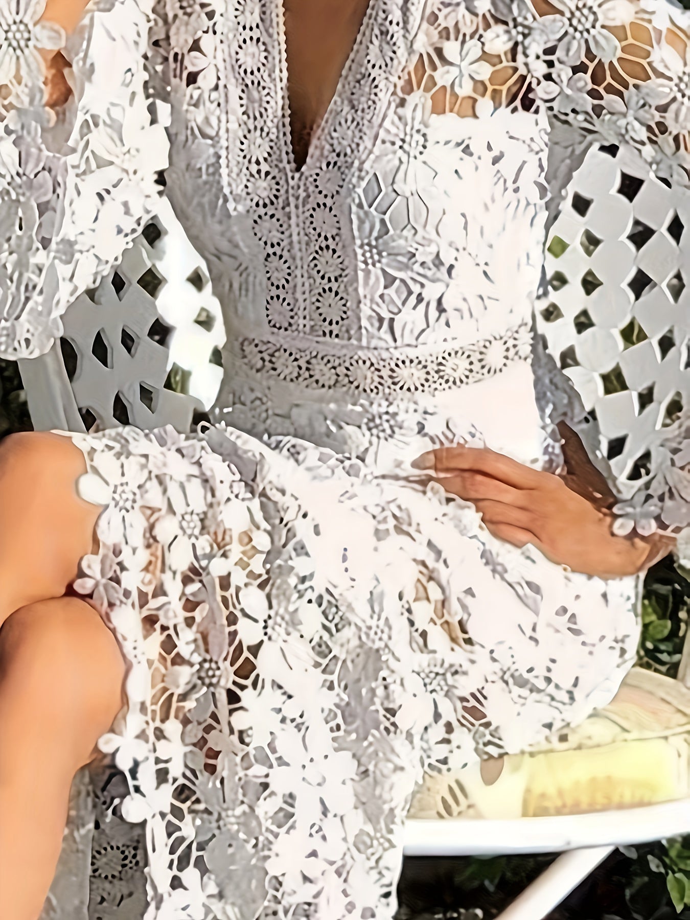 Alejandra Minimalist Cotton Guipure Lace V Neck Long Sleeves Aprons Cocktail Festive Dress for Women Evening Wear Edit