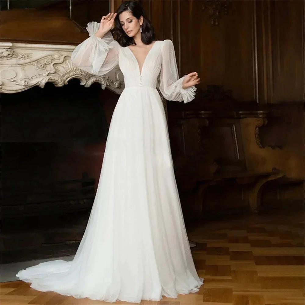 Elegant Glitter Tulle Deep V-Neck Wedding Dresses Princess Shiny Lantern Sleeves Backless A-Line Pleated Bridal Gowns by payinti