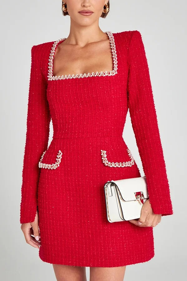 Lexi Timeless Girly and Mini Dress in Tweed Fabric with Beaded Trim, Long Slit Sleeves and Pockets Boutique Collection