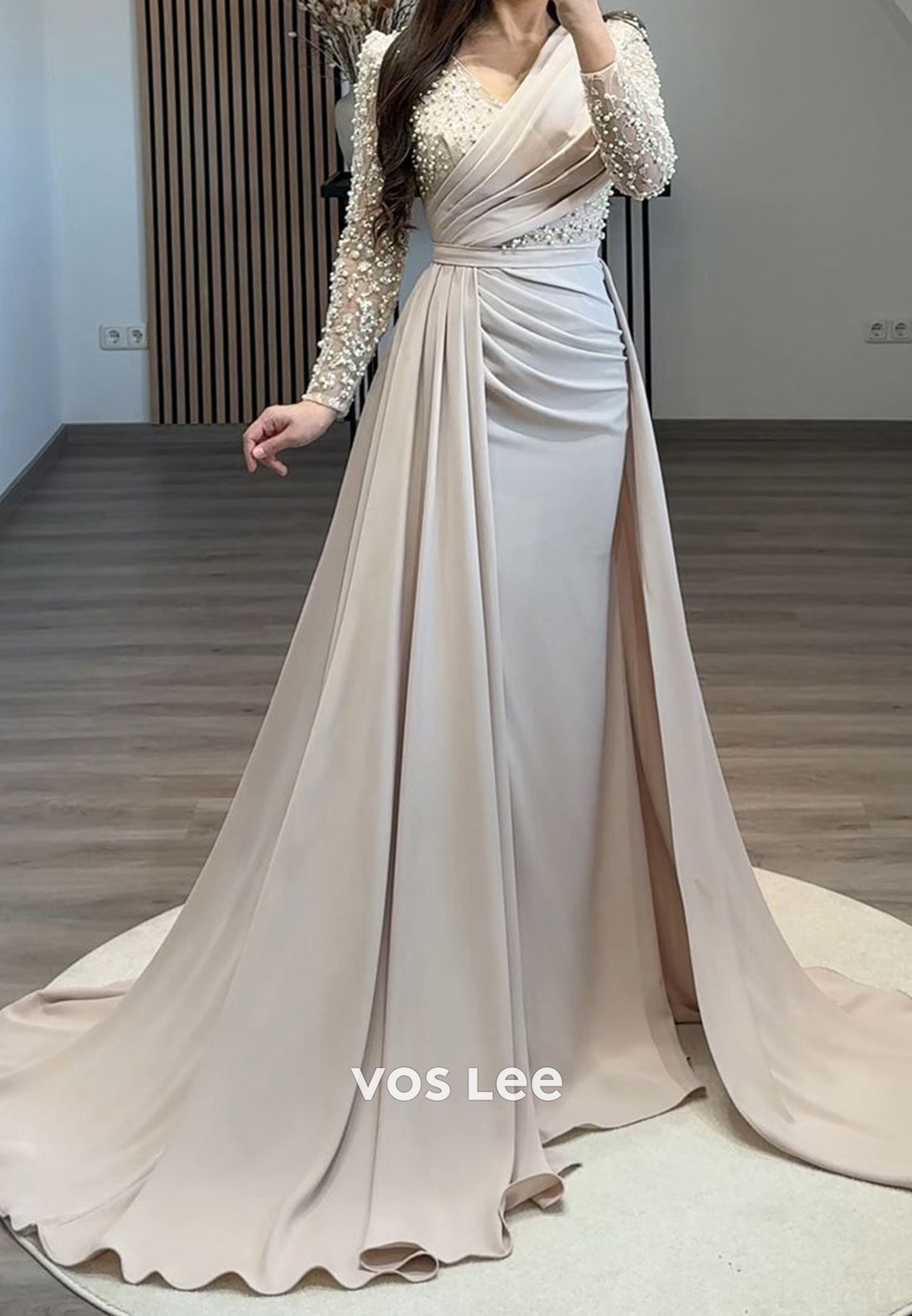 Formal Beaded V Neck Long Sleeves with Train Evening Dress Party Gown - VelvetHem