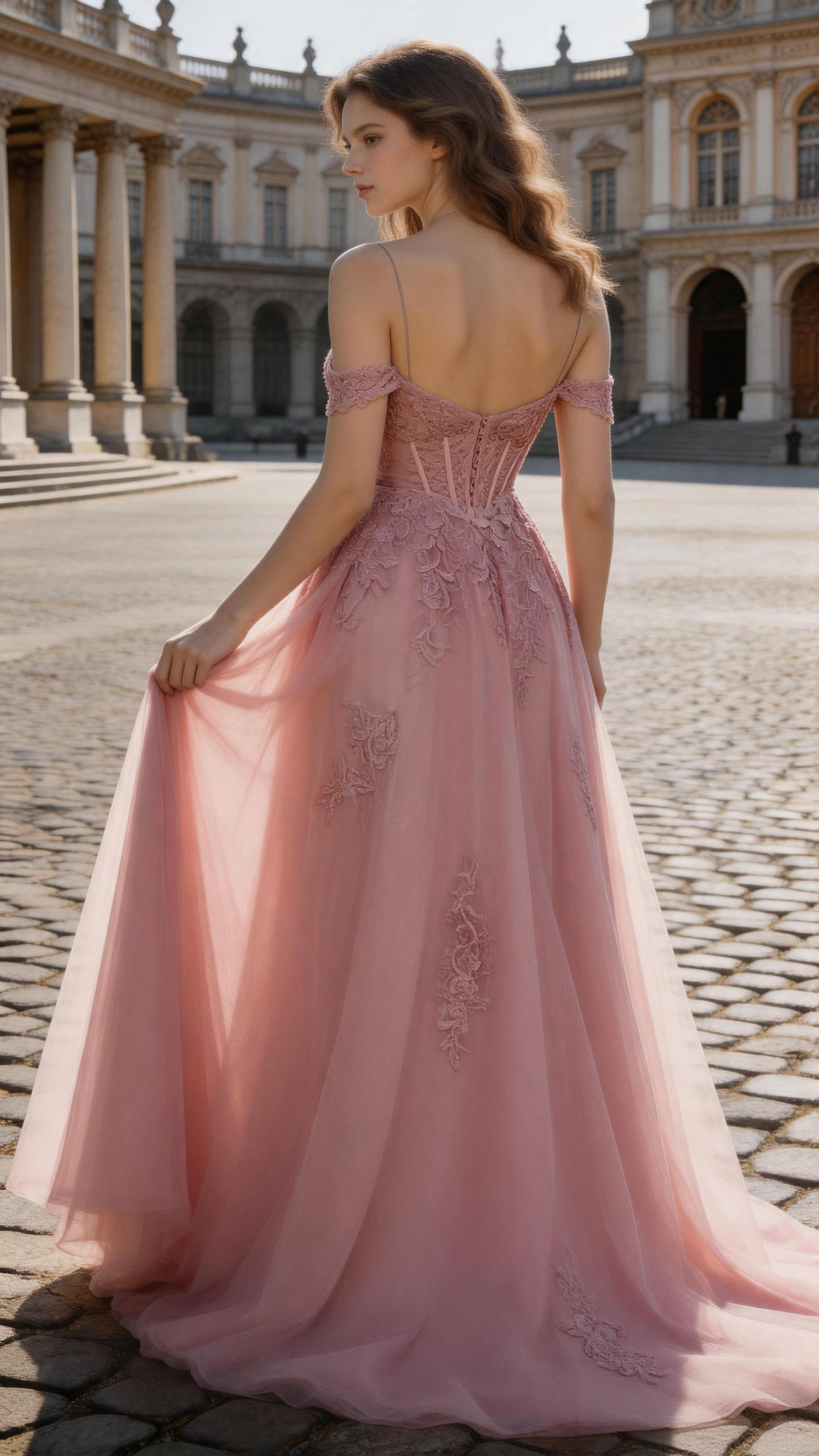 Dusty Rose Off-the-Shoulder Lace Corset Gown   Tulle A-Line Prom Dress with Slit (ZD16871)