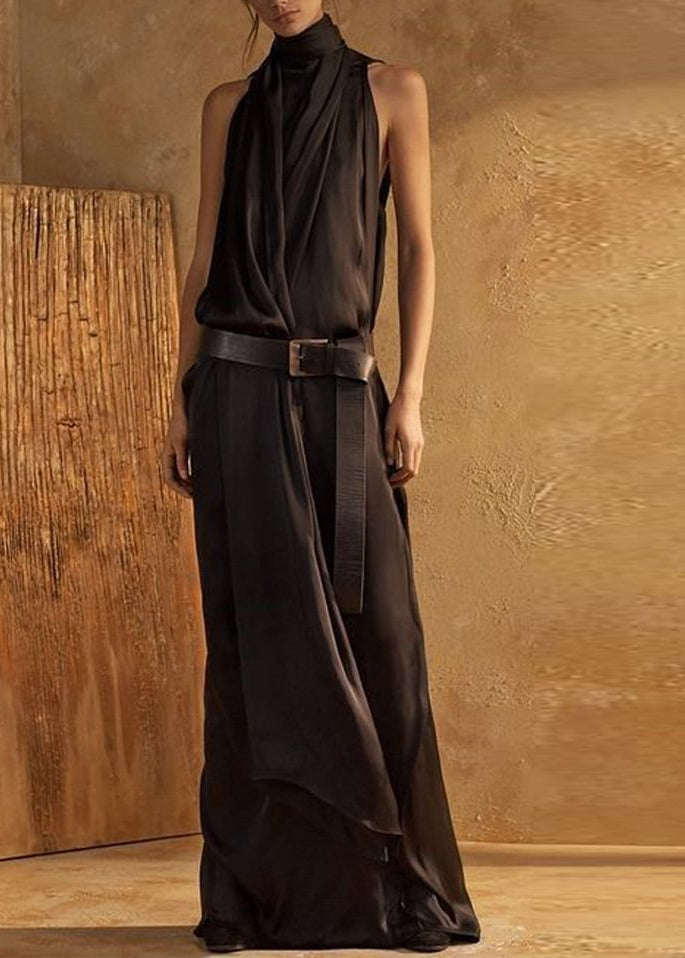 Black Elegant Plain High Neck Sleeveless Loose Maxi Tank Dress