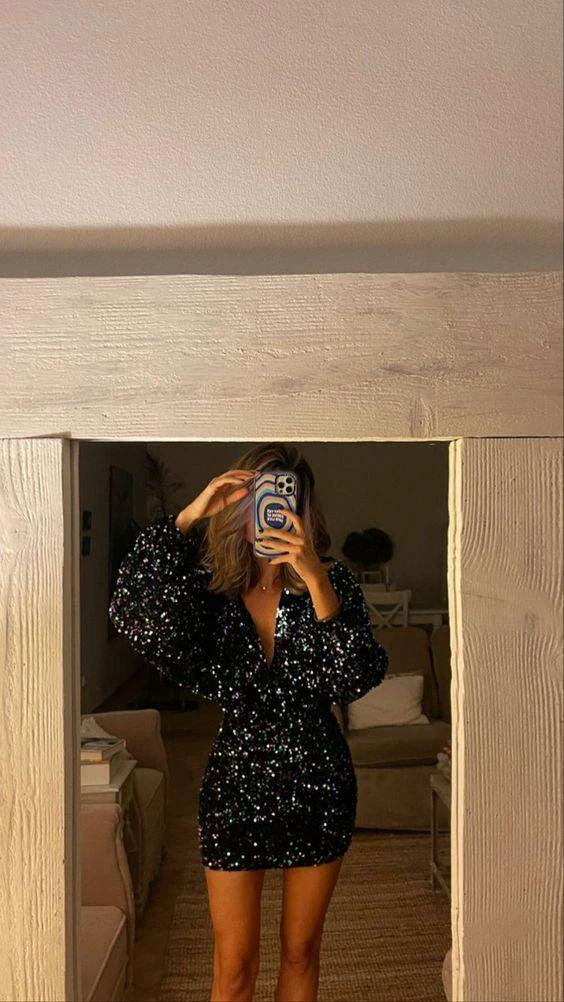 Black Sequin Bodycon Cocktail Dress Sexy Black Short Homecoming Dress (ZD12581)